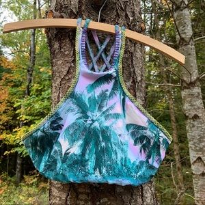 PQ PILYQ Longline Palm Tree Print Strappy Bikini Top Size 'D'